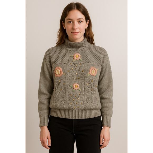 Designers Originals Sweaters - Vintage Patchwork Chunky Knit Floral Embroidered Pearl Sweater Size Medium